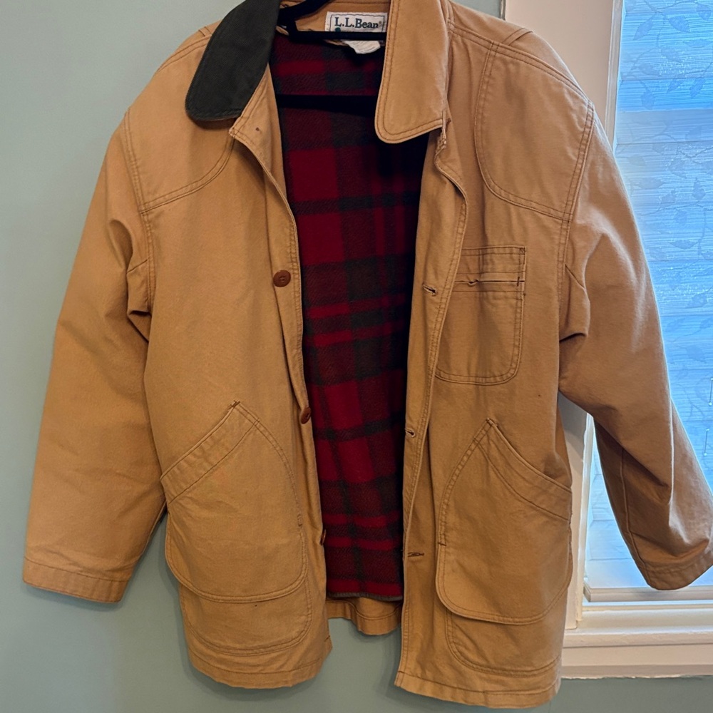 Vintage L.L. Bean Barn Coat XL Tan Canvas Chore Jacket USA Plaid Lined